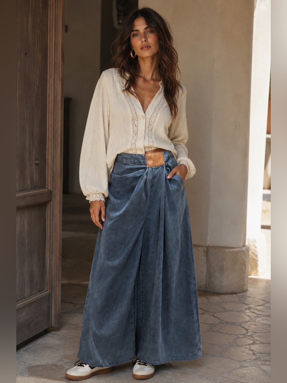 K13. Wide-Leg Wrap Waist Jeans in Slate Blue